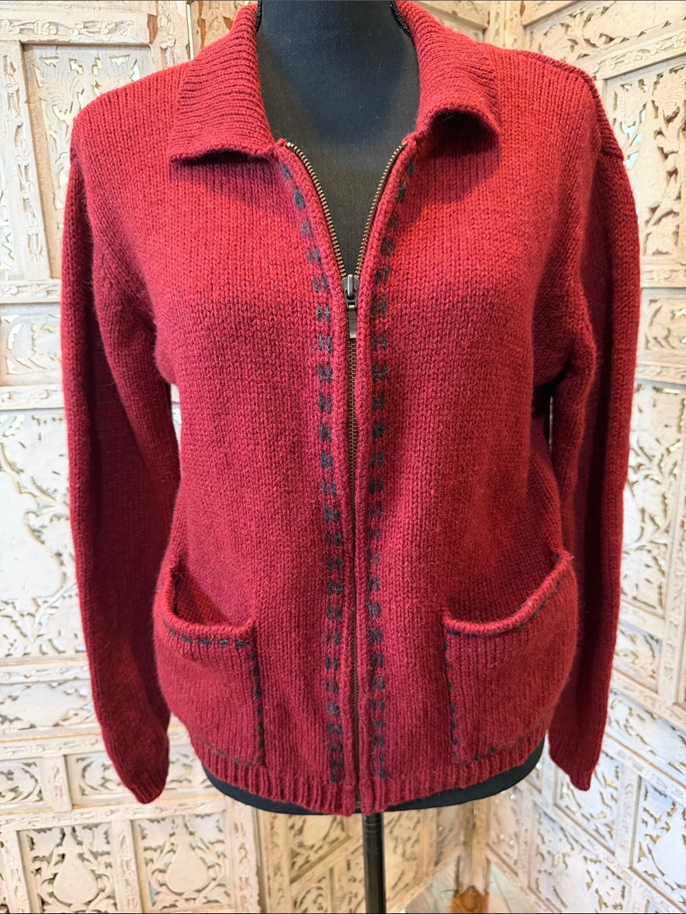 Vintage Style Woolrich Red Zip-Front Knit Sweater Cardigan